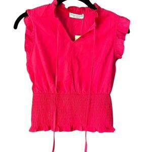 Paper Crane Hot Pink Ruffle Sleeve Smocked Waist V-Neck Blouse D18